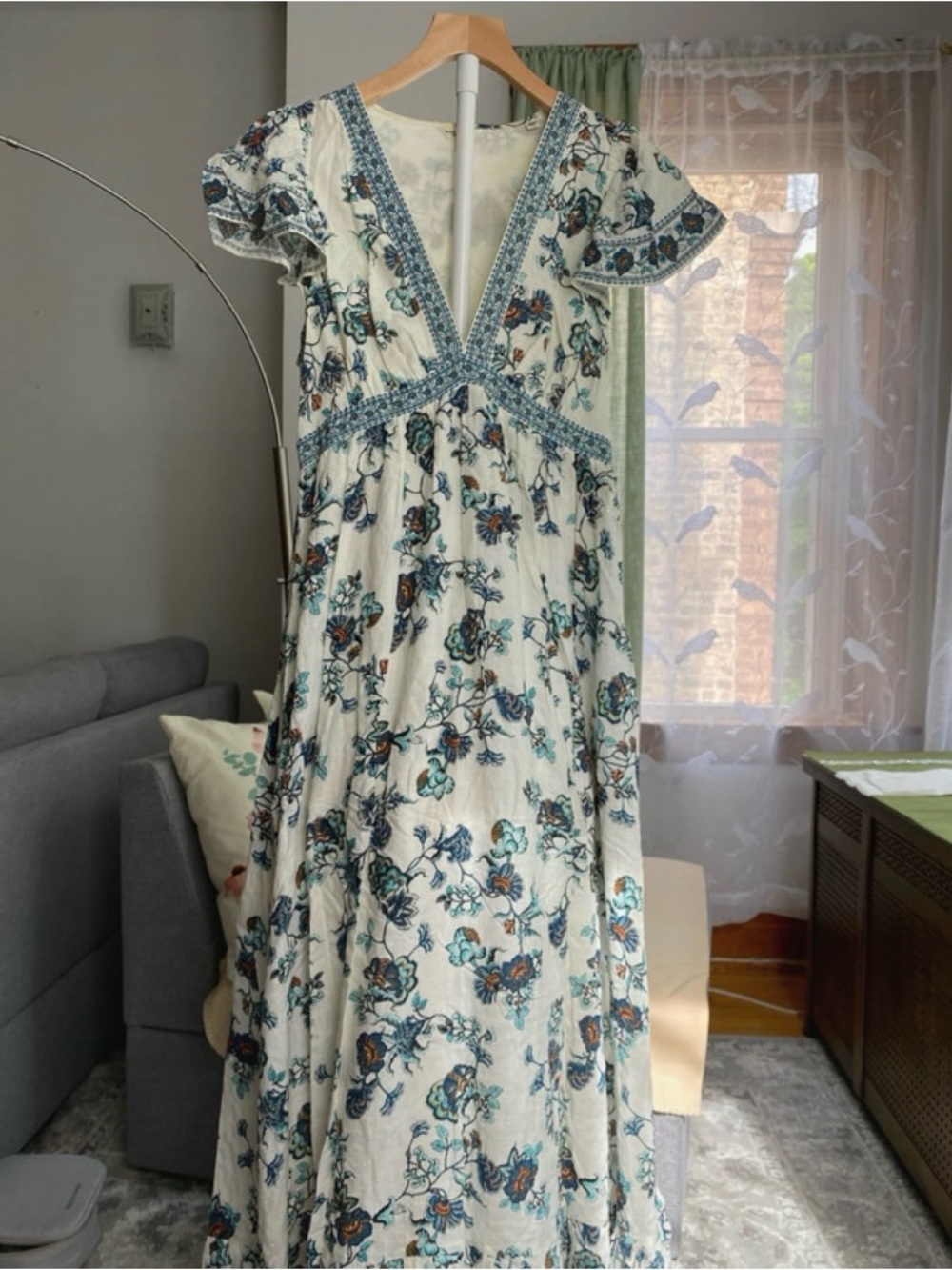 Max Studio Cream Maxi Dress with Blue and Teal Floral Print
